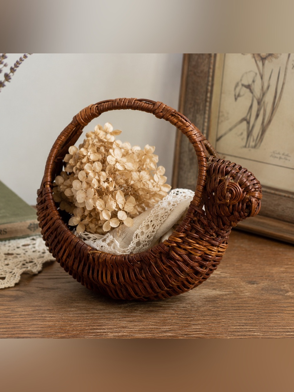 Vintage Wicker Swan Basket Rustic Boho Cottagecore Decor